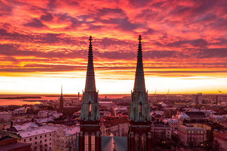 s Church Johanneksenkirkko on sunset background, Finland, Hels