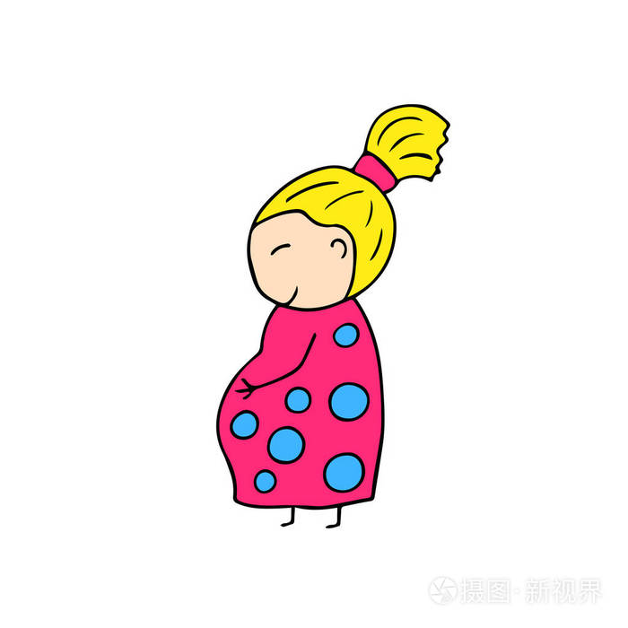 快乐微笑的母亲 handdrawn 矢量在白色背景.孕妇微笑卡通人物