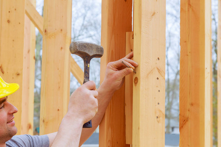 搬运木梁的工人。 真实的建筑工人在实际的建筑工地上。