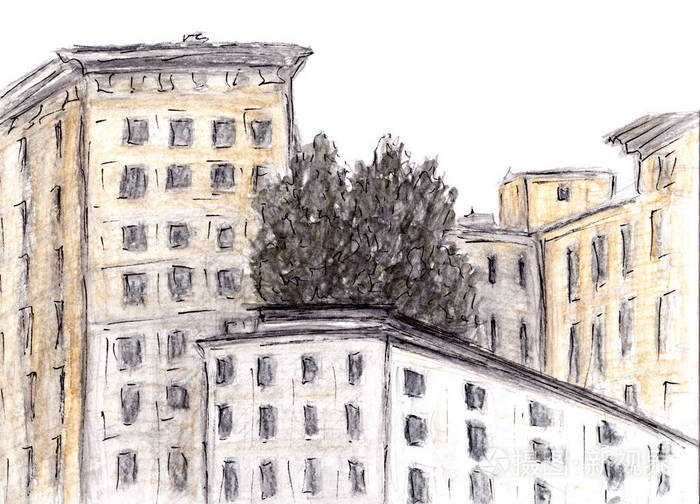 欧洲古镇房屋的插图. 老式旅游明信片或建筑海报. 城市素描.