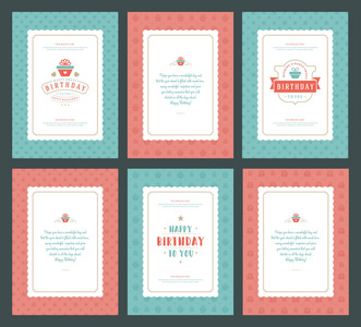 生日快乐贺卡印刷设计集矢量插图。 老式生日徽章或标签与愿望信息和图案背景。