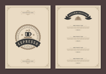 咖啡店标志和菜单设计矢量小册子模板。 咖啡杯剪影。