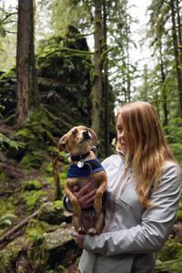 女人在她怀里抱着一只小狗，奇瓦瓦，被美丽的大自然包围着。摄于加拿大不列颠哥伦比亚省北温林恩谷。