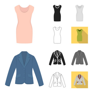 不同种类的服装卡通, 黑色, 平面, 单色, 轮廓图标在集合中进行设计。服装和风格矢量符号股票 web 插图