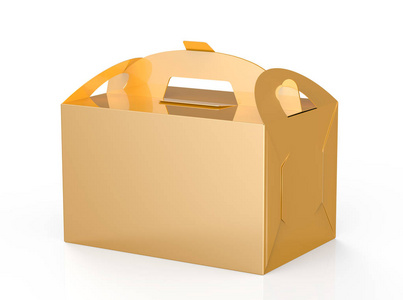 金色盒子与手柄礼品或食品纸箱包装在3D渲染设计用途