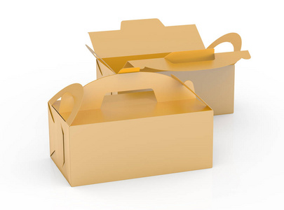 金色盒子与手柄礼品或食品纸箱包装设置3D渲染设计使用高架视图。
