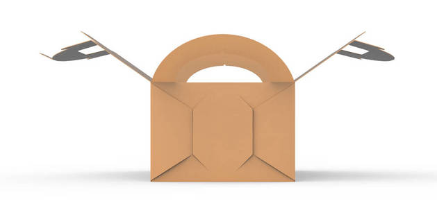 牛皮纸盒与手柄礼品或食品纸箱包装在3D渲染设计使用侧视