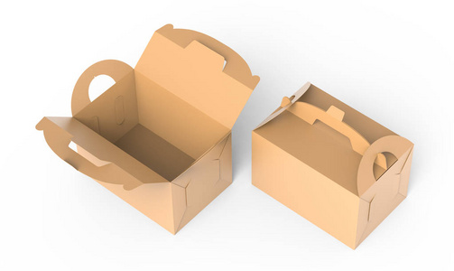 牛皮纸盒，手柄，打开礼品或食品纸箱包装，在3D渲染设计用途