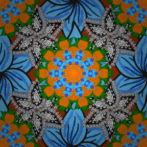 在蓝色橙色灰色白色和绿色的背景上。 幼稚的设计。 可爱的花卉背景纺织织物包装剪贴簿。 矢量无缝图案与手绘涂鸦花。