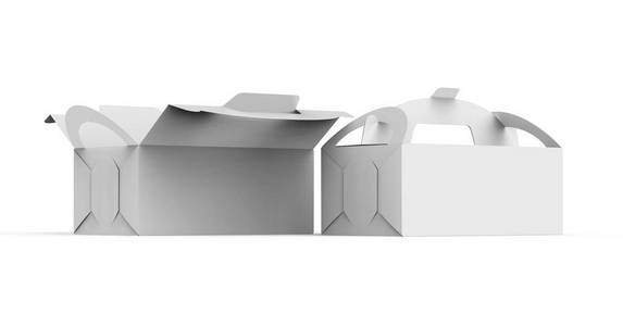 白色盒子与手柄礼品或食品纸箱包装设置3D渲染设计使用侧视图。