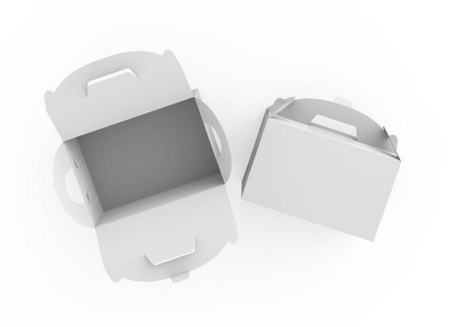 空白纸箱与手柄礼品或食品纸箱包装设置在3D渲染设计用途的顶部视图