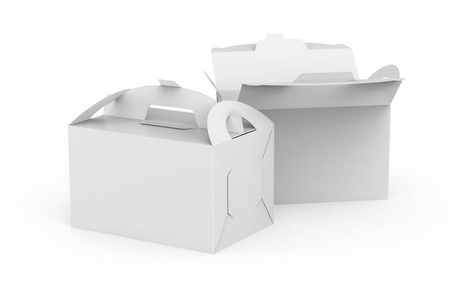 空白纸盒，带有手柄礼品或食品纸箱包装，设置为3D渲染设计用途