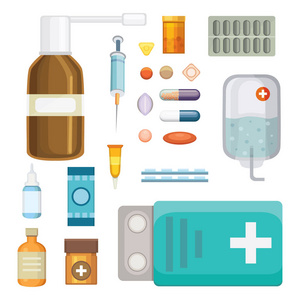 卡通药物。不同医疗丸和瓶子，医疗保健和购物 药房 药店。矢量图在平面样式