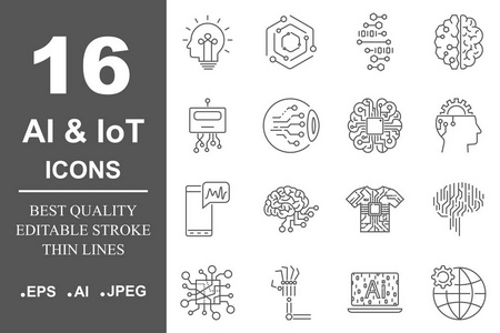 一套简单的人工智能相关线图标包含机器人, 眼睛, 芯片, 大脑等图标。可编辑描边