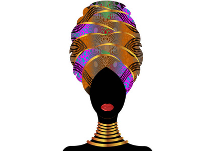 在头巾的年轻黑人妇女的肖像。动漫非洲美人。在白色背景上隔离的矢量颜色插图。传统的科特头裹非洲。安卡拉布族头巾