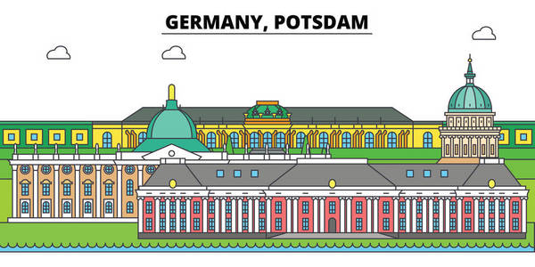 德国, Postdam。城市天际线, 建筑, 建筑物, 街道, 剪影, 景观, 全景, 地标。可编辑笔画。平面设计线矢量图解概念