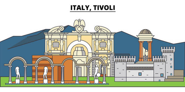 意大利, Tivoli。城市天际线, 建筑, 建筑物, 街道, 剪影, 景观, 全景, 地标。可编辑笔画。平面设计线矢量图解概念