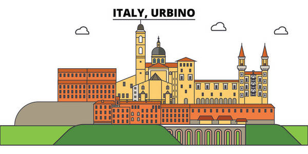 意大利, 乌尔比诺。城市天际线, 建筑, 建筑物, 街道, 剪影, 景观, 全景, 地标。可编辑笔画。平面设计线矢量图解概念。孤