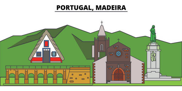 葡萄牙, 马德拉。城市天际线, 建筑, 建筑物, 街道, 剪影, 景观, 全景, 地标。可编辑笔画。平面设计线矢量图解概念。孤立