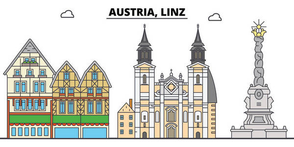 奥地利, Linz。城市天际线, 建筑, 建筑物, 街道, 剪影, 景观, 全景, 地标。可编辑笔画。平面设计线矢量图解概念。孤