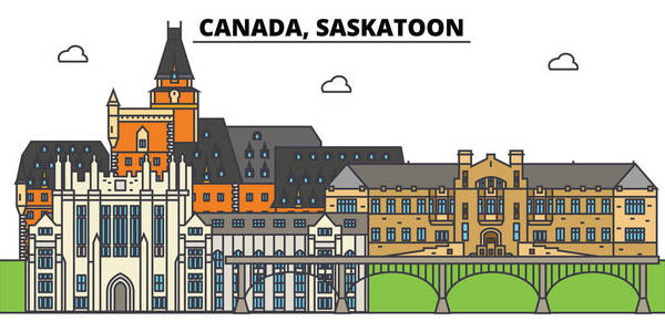 加拿大, 萨斯卡通。城市天际线, 建筑, 建筑物, 街道, 剪影, 景观, 全景, 地标。可编辑笔画。平面设计线矢量图解概念。孤