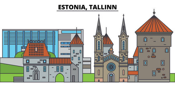 爱沙尼亚塔林。城市天际线, 建筑, 建筑物, 街道, 剪影, 景观, 全景, 地标。可编辑笔画。平面设计线矢量图解概念。孤立图