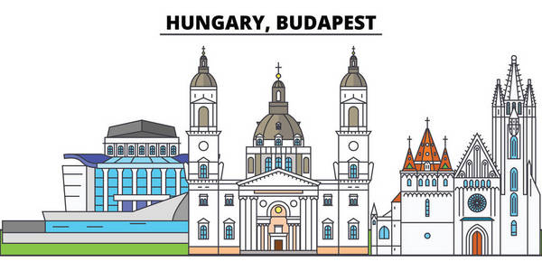 匈牙利布达佩斯城市天际线, 建筑, 建筑物, 街道, 剪影, 景观, 全景, 地标。可编辑笔画。平面设计线矢量图解概念。孤立图标