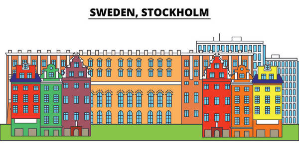 瑞典, 斯德哥尔摩。城市天际线, 建筑, 建筑物, 街道, 剪影, 景观, 全景, 地标。可编辑笔画。平面设计线矢量图解概念。孤