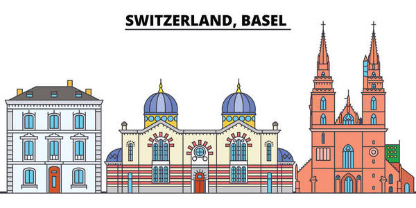 瑞士, 巴塞尔。城市天际线, 建筑, 建筑物, 街道, 剪影, 景观, 全景, 地标。可编辑笔画。平面设计线矢量图解概念。孤立图