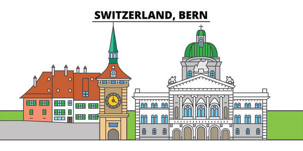瑞士, 伯尔尼。城市天际线, 建筑, 建筑物, 街道, 剪影, 景观, 全景, 地标。可编辑笔画。平面设计线矢量图解概念。孤立图