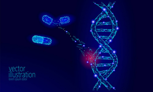 基因治疗 Dna 3d 化学分子结构低聚。多边形三角形点线健康细胞部分。创新蓝医学基因组工程矢量插图未来业务技术