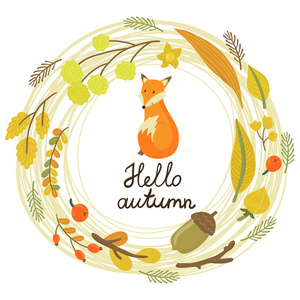 带花环的矢量花牌, 浆果, 树叶, 树枝, 可爱的小狐狸和文字 你好秋.