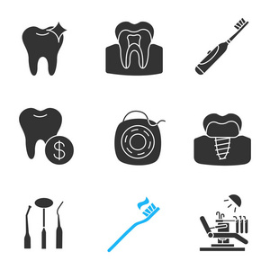 牙科字形图标设置。 健康牙齿电动牙刷牙科服务价格种植口腔器械牙线椅。 剪影符号。 矢量孤立插图
