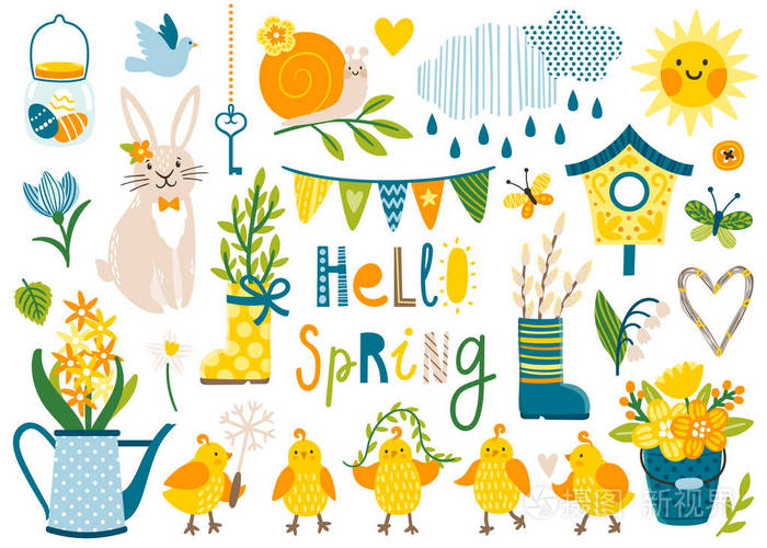 矢量套装可爱的春天卡通人物, 植物和装饰品.花园聚会.