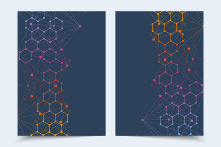 科学的宣传册设计模板。矢量海报布局 分子结构与连接的线和点。科学模式原子 Dna 与杂志 传单 封面 海报设计元素