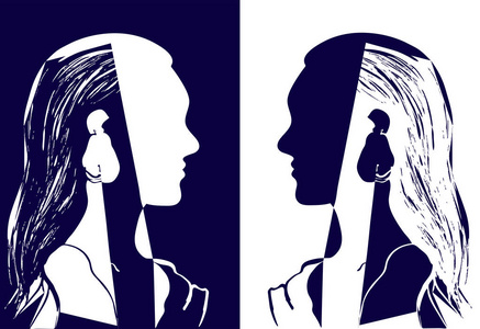 蓝色和白色矢量插图.女人头的剪影.一个美丽的年轻女孩的形象.