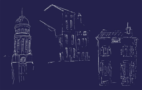 建筑物的墨水草图. 手绘的欧洲古镇房屋插图. 旅游艺术品.