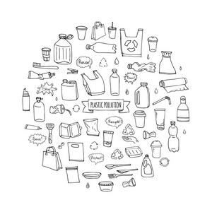 手绘涂鸦停止塑料污染图标设置矢量插图草图符号收集卡通概念元素袋瓶