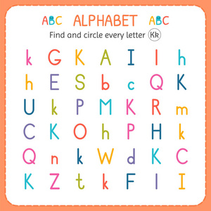 查找并圈出每个字母 k 工作表, 用于幼儿园和学前班。儿童练习