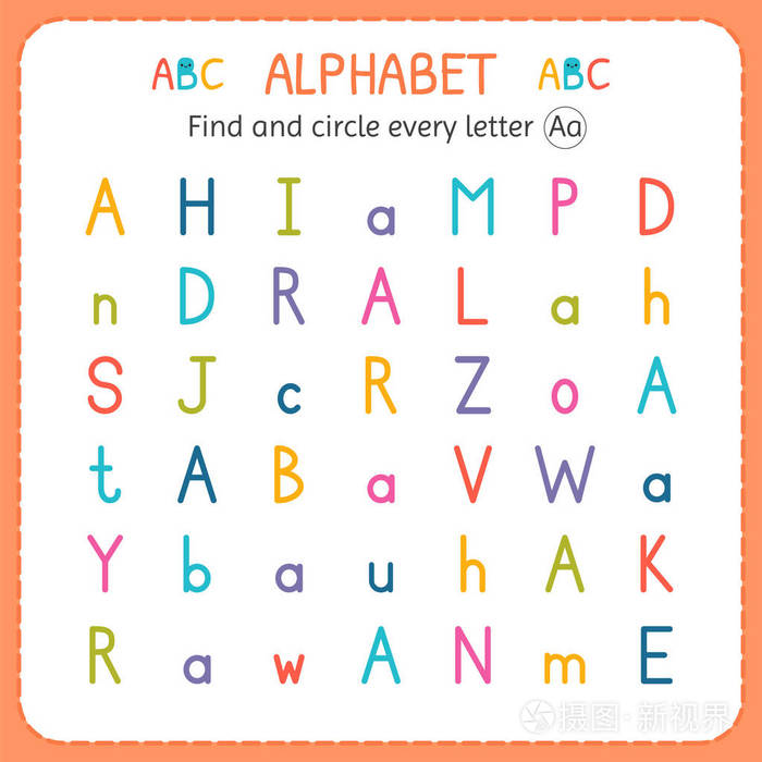 查找并圈出每个字母 a. 幼稚园和学前班的工作表。儿童练习