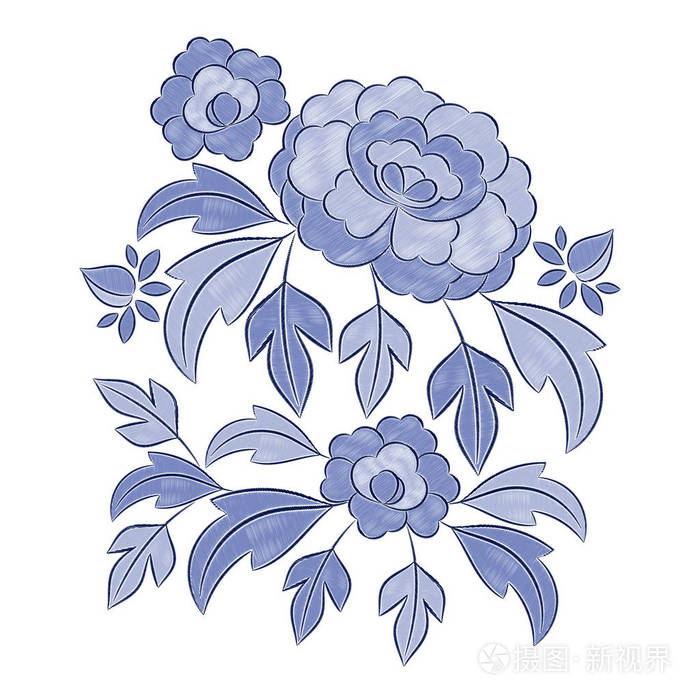 复古花卉刺绣图案载体.蓝色复古牡丹花饰品绣印隔离.