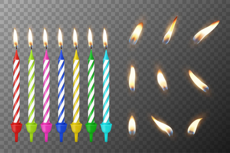 矢量3d 逼真不同的生日聚会 colofful 蜡石蜡燃烧蛋糕蜡烛和不同的火焰蜡烛图标设置特写在透明网格背景上隔离。设计模板