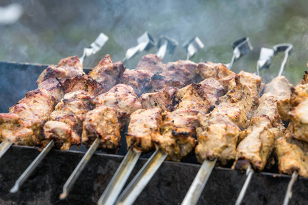 辛辣腌制猪肉烤在夏季烧烤与热火在近距离观看。