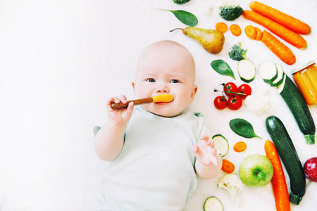 健康婴儿营养, 食物背景, 顶级视图