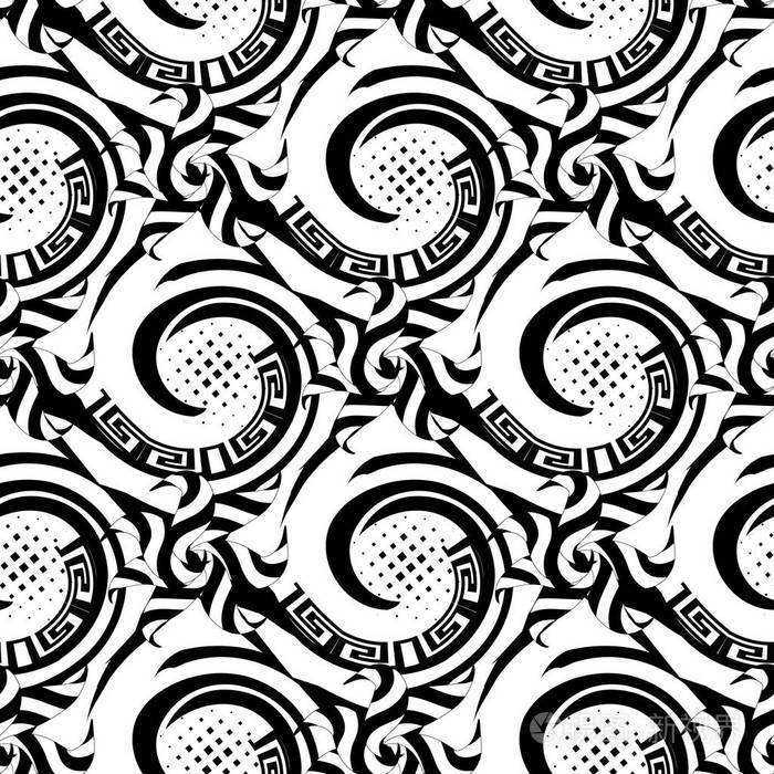 抽象希腊黑白条纹无缝图案