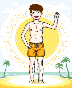 小男孩站着，穿着时尚的海滩短裤。 矢量人体插图。 儿童生活方式卡通。