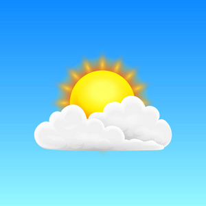 现代现实天气图标。蓝色背景上的气象学符号。用于移动应用程序打印或 web 的颜色矢量插图。晴朗的天和云彩