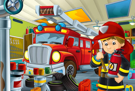 车库附近有消防员的卡通场景，一些消防员的车或清洁工作场所的儿童插图