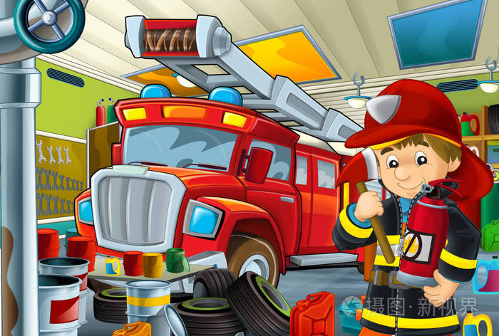 车库附近有消防员的卡通场景，一些消防员的车或清洁工作场所的儿童插图