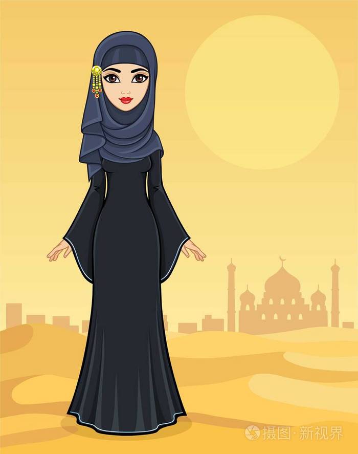 古代服装中美丽的阿拉伯女人的动画肖像. 矢量图.